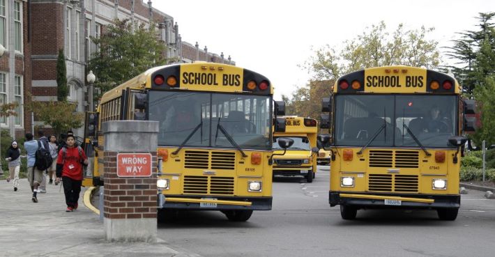 School busses outside of a school